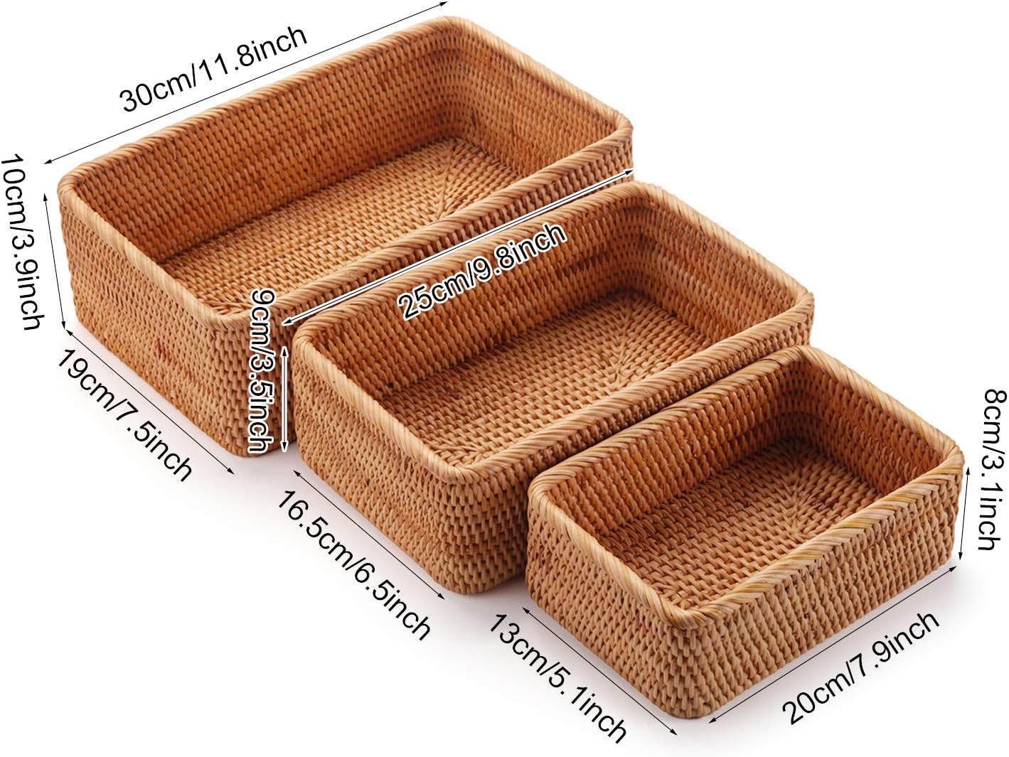 Round Rattan Fruit Baskets Woven Storage Bowls Key Holder Stackable for Shelf Kitchen Tabletop Natural Set of 3