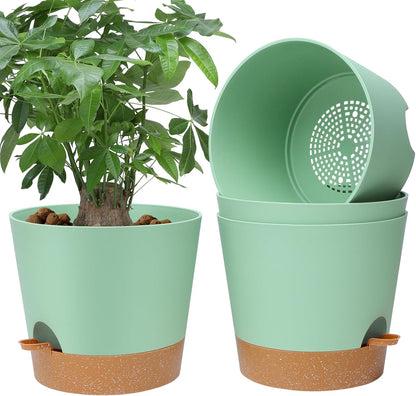 YNNICO Indoor Self Watering Planters with Drainage Holes and Saucers, 8, 7, 6.5, 6, 5.5, 5 Inches, Black, 6 Pots