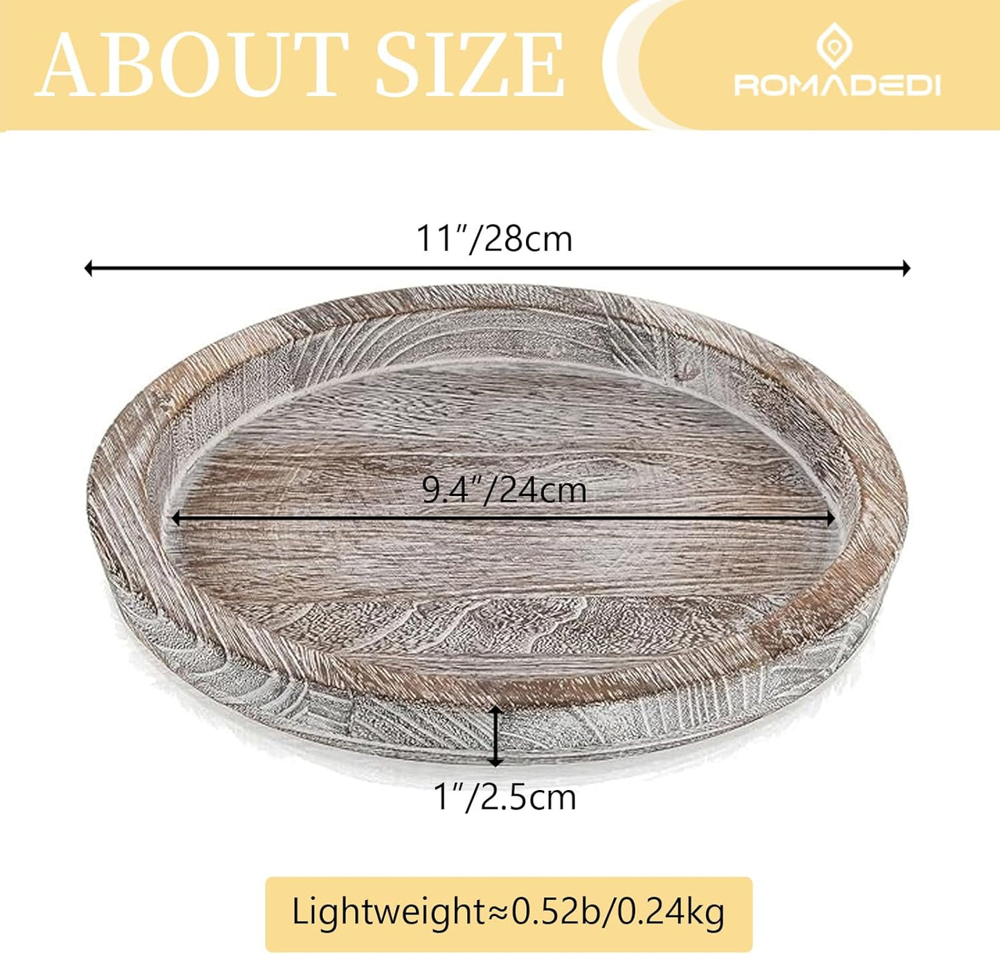 Romadedi Rustic Wooden Tray Candle Holder - Round Wood Decorative Pillar Candle Tray for Coffee Table Farmhouse Kitchen Countertop Organizer Home Decor Wedding Centerpiece, Distressed White