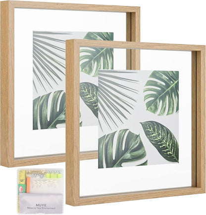 MUYE 11x14 Floating Frame Set of 2,Double Glass Rustic Frame,Display Any Size Photo up to 11x14,Wall Mount or Tabletop Standing,Natural