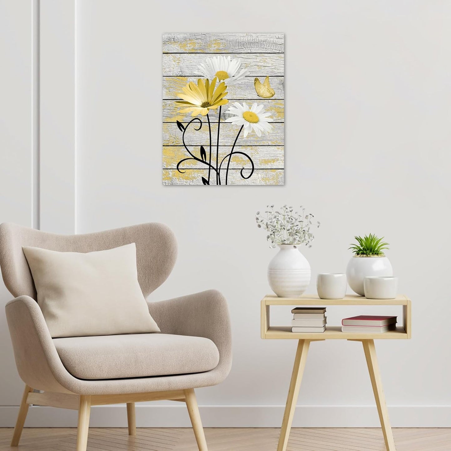 HVEST Farmhouse Floral Wall Art for Living Room, Blue and White Daisy Flower and Butterfly on Rustic Wood Board Canvas Wall Art Framed Artwork Ready to Hang for Bathroom Bedroom Decor, 16L X 12W