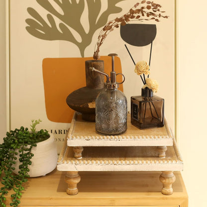 SwallowLiving Rustic Round Wood Tray Riser Farmhouse Pedestal Stand With Beaded Edge for Decor Wooden Finish Cupcake Display for Cakes and Decorative Items 11.8 inches