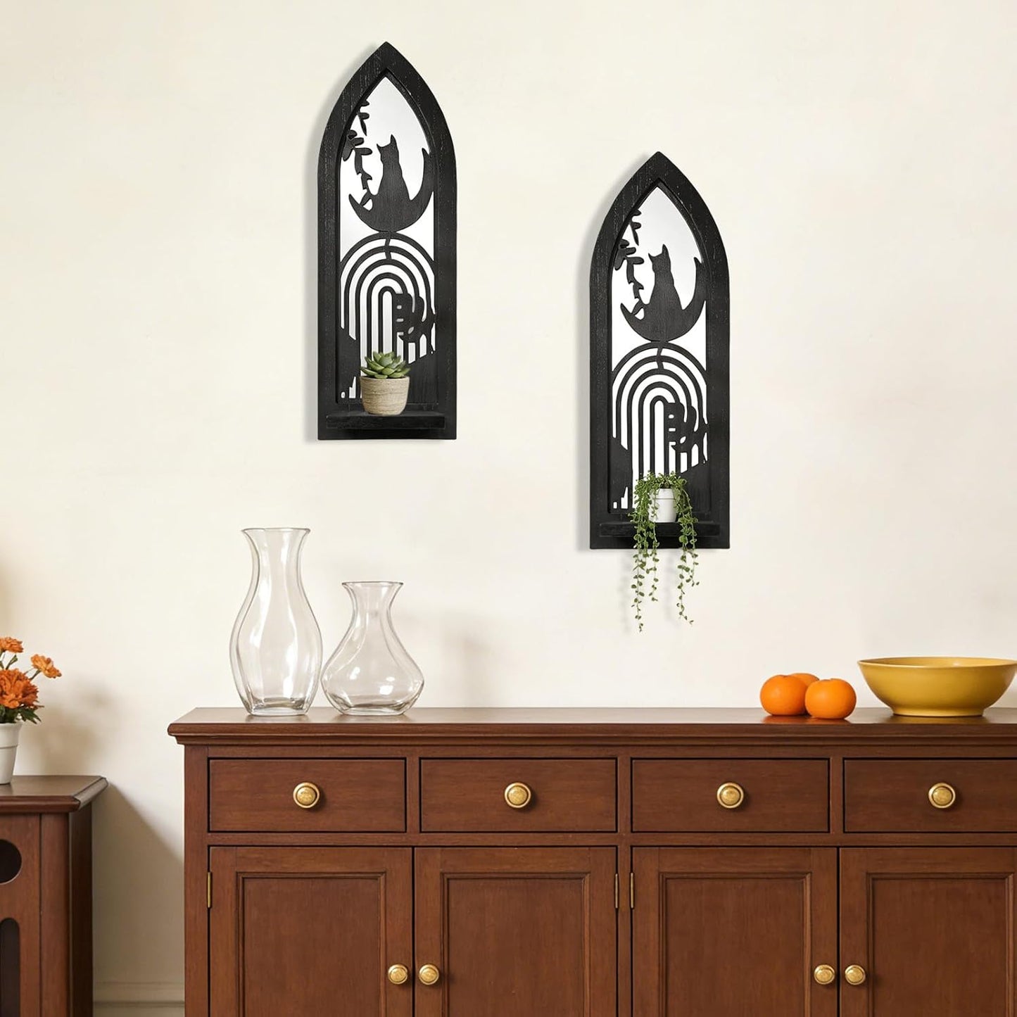 Wood Wall Sconce Candle Holder Set 2, Rustic Wall-Mount Candle Holders, Farmhouse Hanging Wall Décor, Carved Wood Frame, Mirrored Candle Holder (Distressed White)