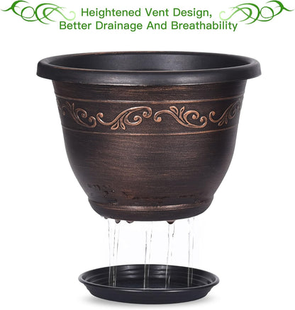 Plastic-Plant-Flower-Planters-8 Inch With Drainage Hole & Saucer, 6 Packs Lightweight Small Resin Flower Pot Indoor Outdoor, Retro Antique Imitation Decorative Garden Containers Sets For Houseplants