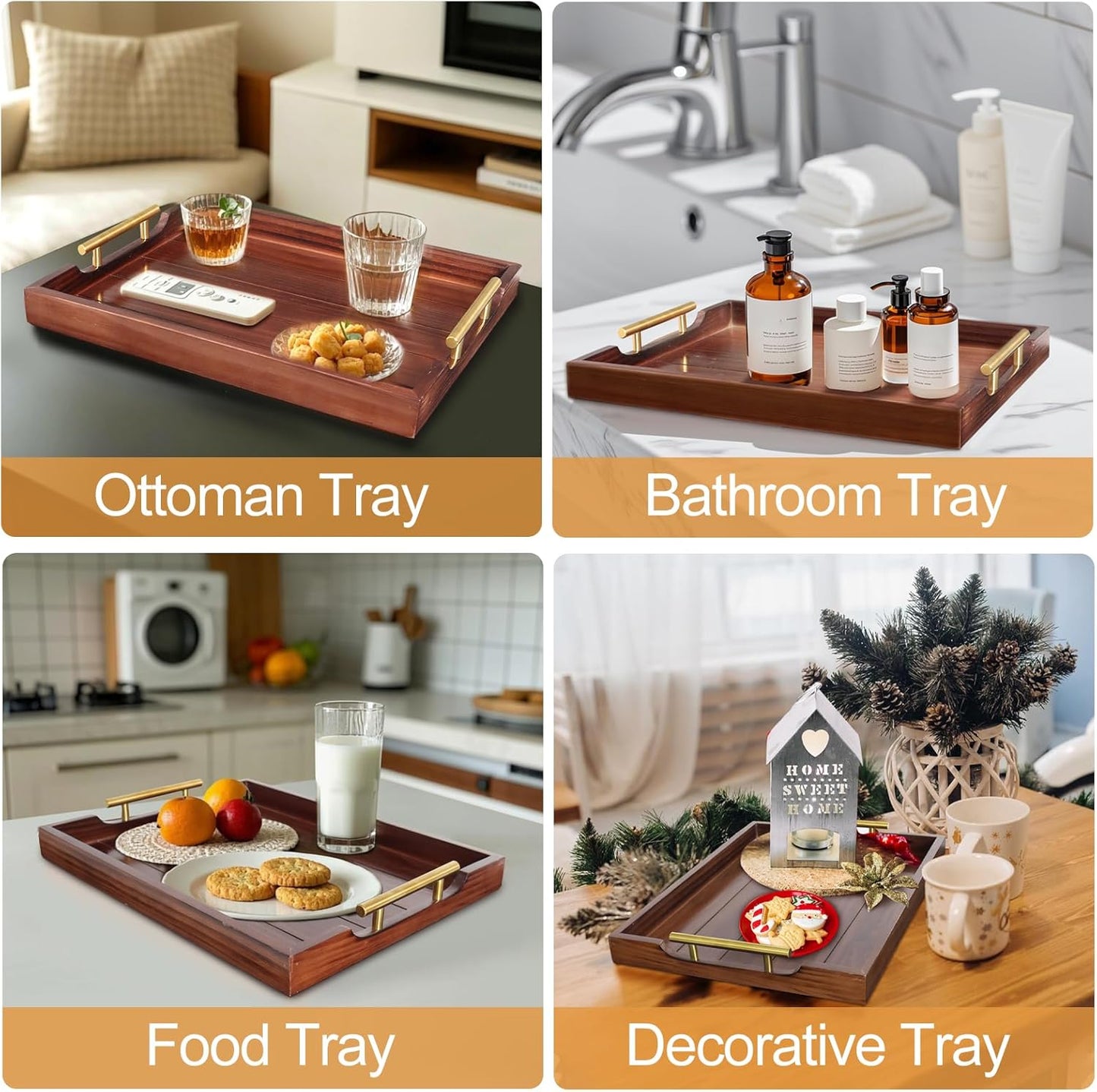 SXNOWS Coffee Table Trays - Large Ottoman Tray for Living Room -Wood Serving Tray with 2 Sets of Handles - Wooden Tray for Coffee Table, 4 Round Coasters Included, Black