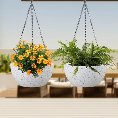 Meowell 10 inch Hanging Planters for Indoor Outdoor Plants, 2 Pack Hanging Flower Pots with Drainage Holes and Chain for Garden Porch, Plastic Hanging Baskets for House Plants, Speckled Grey