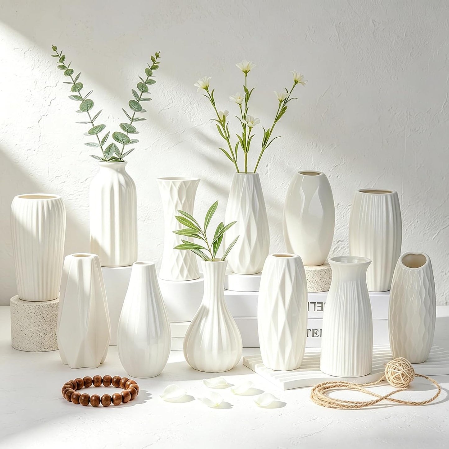 BEAHOT Ceramic Bud Vases Set of 12 - Matte Mini White Jars Bulk | Small White Ceramic Vases for Centerpieces, Wedding Floral Arrangements, DIY Crafts & Boho Table Decor (No Repeating Designs)