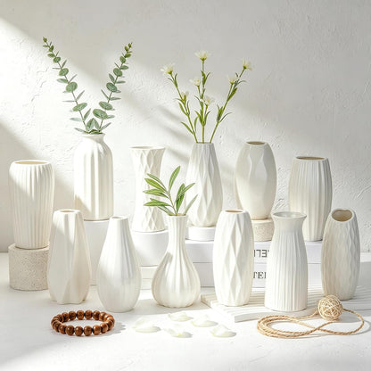 BEAHOT Ceramic Bud Vases Set of 12 - Matte Mini White Jars Bulk | Small White Ceramic Vases for Centerpieces, Wedding Floral Arrangements, DIY Crafts & Boho Table Decor (No Repeating Designs)