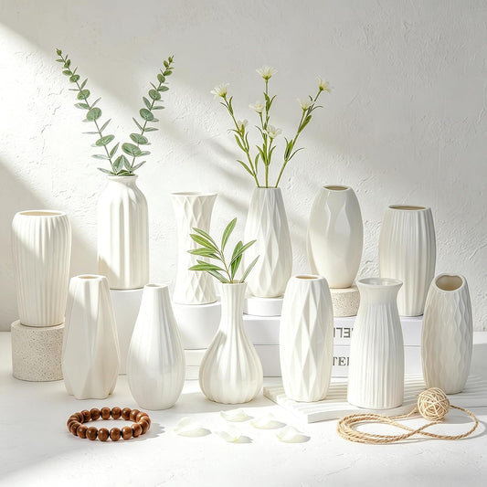 BEAHOT Ceramic Bud Vases Set of 12 - Matte Mini White Jars Bulk | Small White Ceramic Vases for Centerpieces, Wedding Floral Arrangements, DIY Crafts & Boho Table Decor (No Repeating Designs)