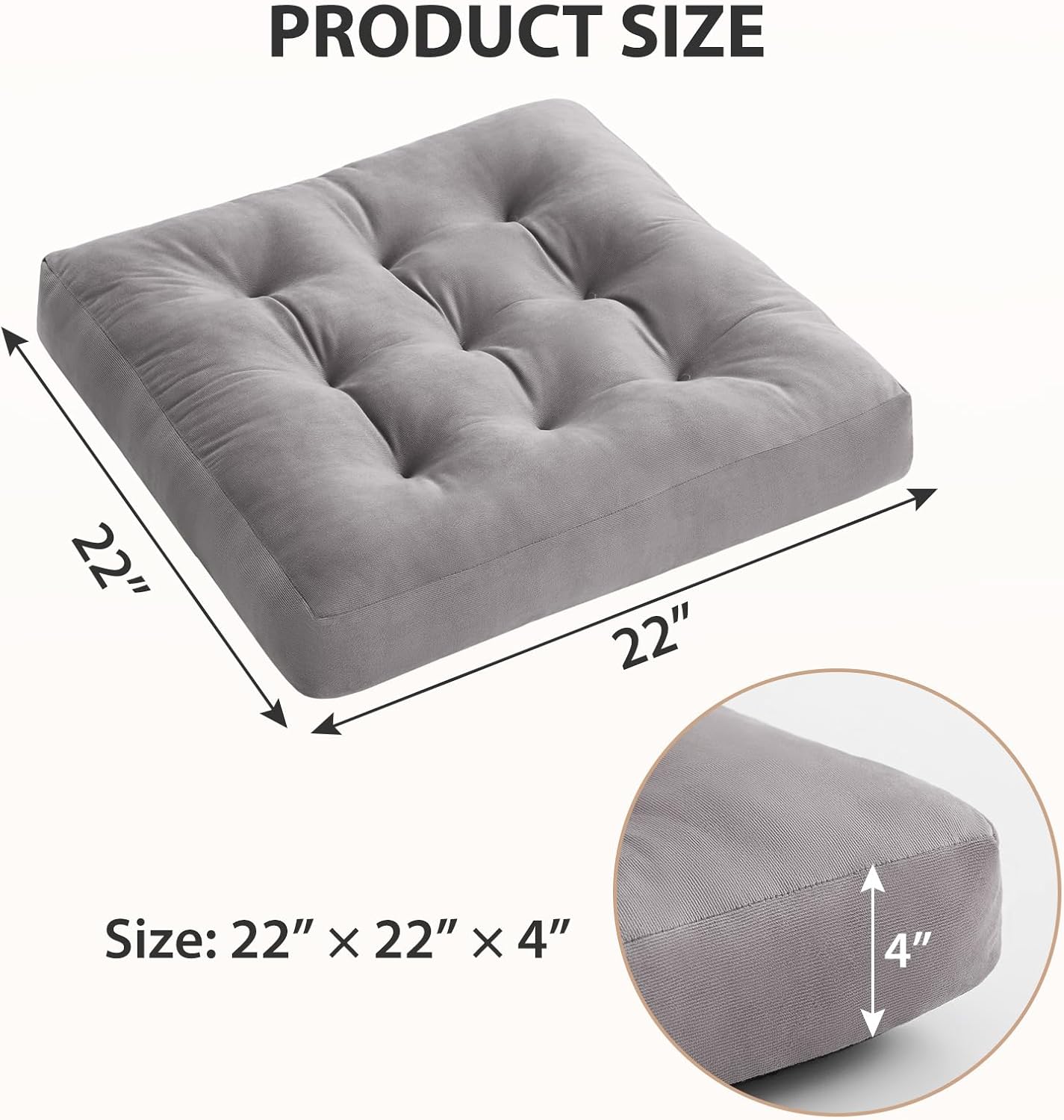 Meditation Floor Pillow Set of 1, Square Large Pillows Seating for Adults, Meditation Cushion Pillow,Tufted Corduroy Cushion for Tatami Living Room or Yoga, Light Gray, 22x22 Inch