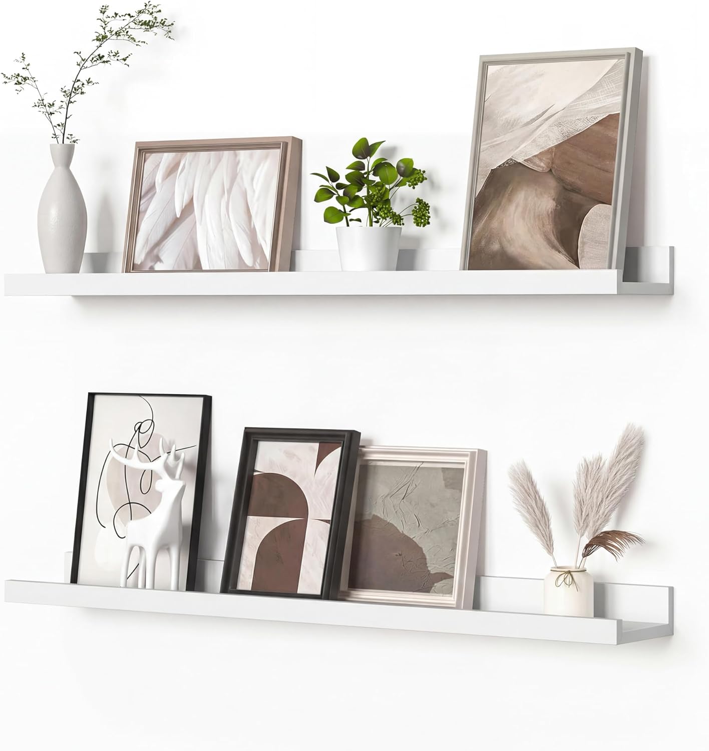 Heimlove Picture Ledge Shelf, Floating Shelves Set of 2, 24 Inches Picture Shelf for Wall with Ledge, Kids Bookshelf Wall Mounted for Living Room Bedroom Decor Books Photo Frames - White