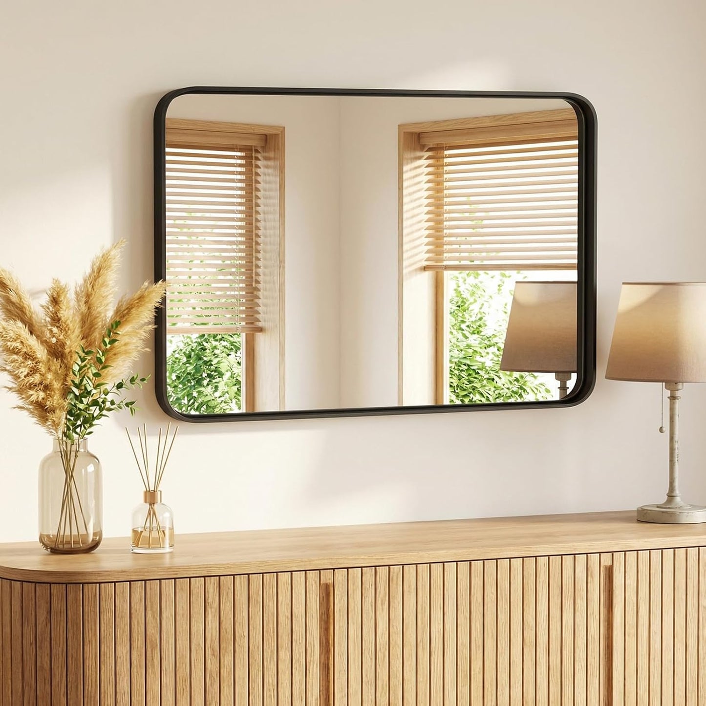 OLIXIS Arched Bathroom Mirror for Over Sink, 34x32 Inch Wall Mirror Arched Rounded Rectangle, Modern Wall Mount Vanity Mirror with Matte Metal Deep Framed, for Home Decor, Living Room, Black
