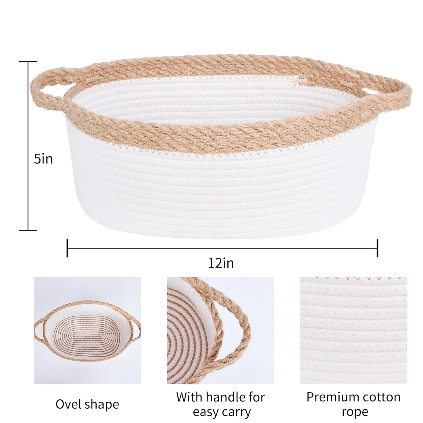 ABenkle Small Basket with Handles, Boho Decorative Rope Woven Dog Cat Toy Storage Bin Shelf Storage Organizer, Easter Christmas Gift Basket, 12"x8"x5", White