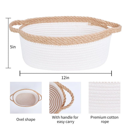 ABenkle Small Basket with Handles, Boho Decorative Rope Woven Dog Cat Toy Storage Bin Shelf Storage Organizer, Easter Christmas Gift Basket, 12"x8"x5", White