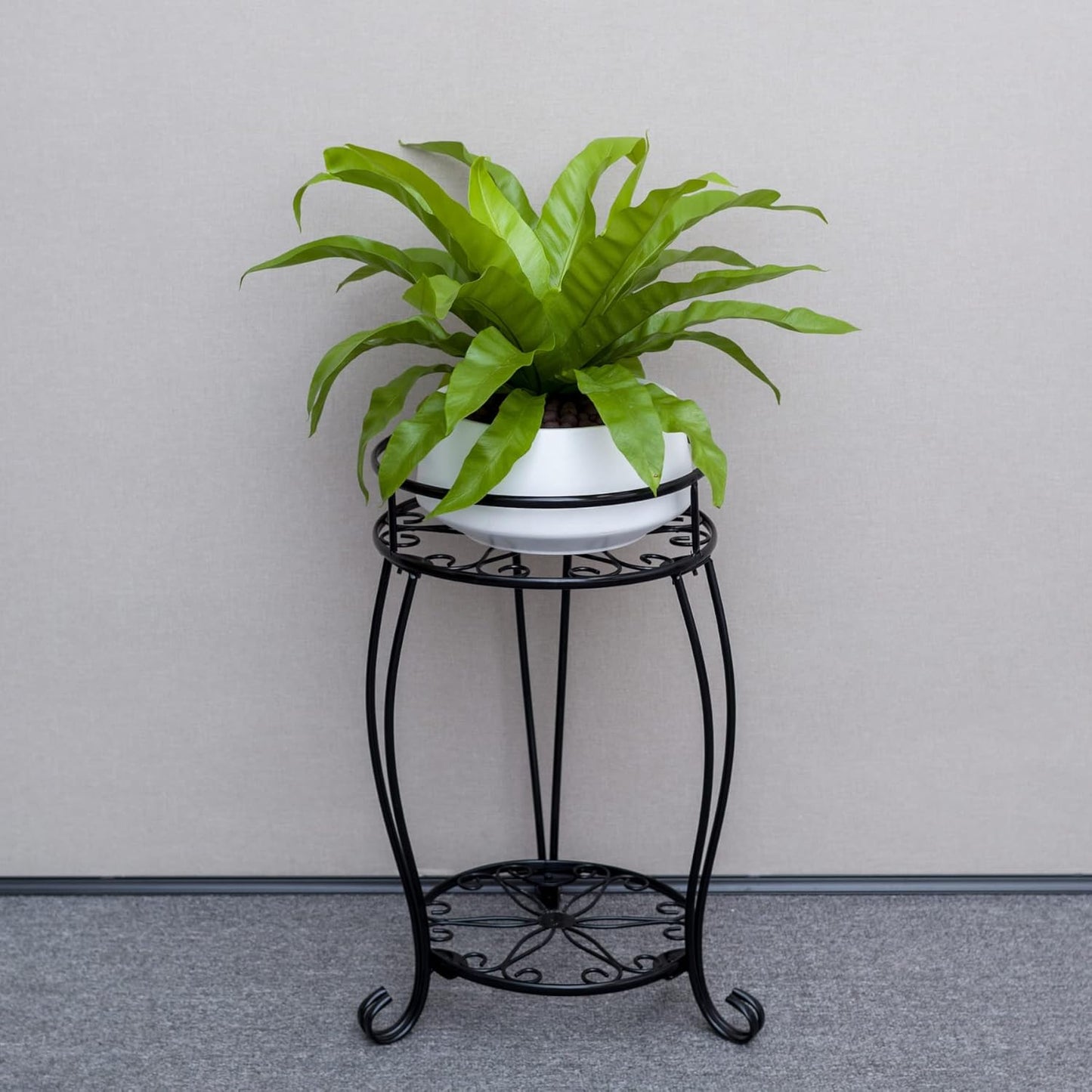 FaithLand 2 Pack Metal Plant Stands, Tall Planter Holder Indoor Outdoor, 2 Tier Round Potted Supports Rack, Corner Display Shelf Black