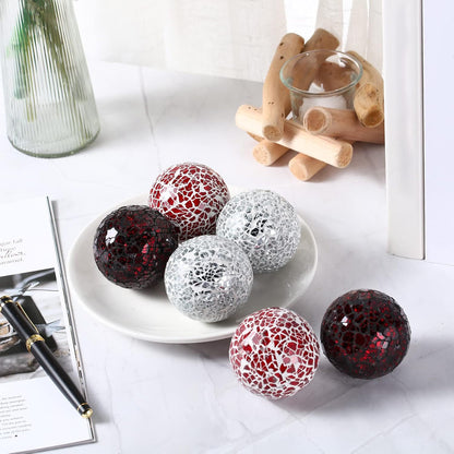 Cunhill 6 Pieces Decorative Balls for Bowls 6.5 cm / 2.5 Inch Orbs Glass Balls for Centerpiece Bowls Mosaic Sphere for Home Decoration Dining Table Christmas Party (White,Red,Reddish Black)