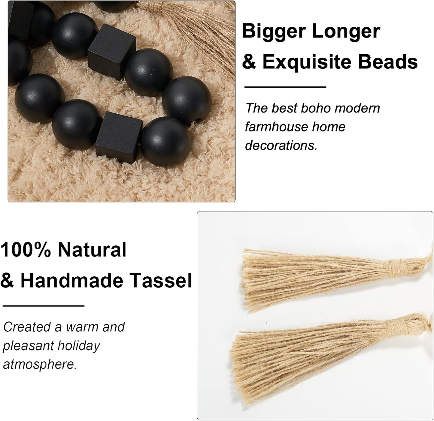 OMISHE Extra Large Wood Bead Garland with 1.6" Diameter Wooden Beads and Tassels, 41" Long Rustic Farmhouse Country Decorative Beads for Home Tiered Tray Decor, Natural Beige