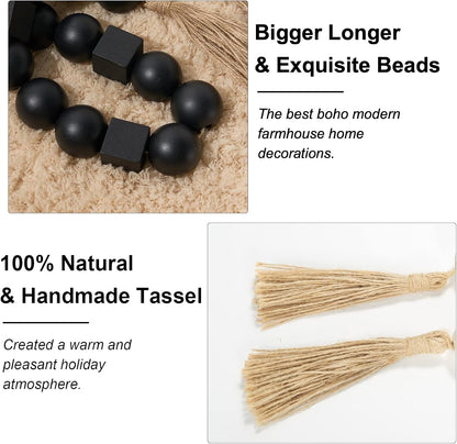 OMISHE Extra Large Wood Bead Garland with 1.6" Diameter Wooden Beads and Tassels, 41" Long Rustic Farmhouse Country Decorative Beads for Home Tiered Tray Decor, Natural Beige