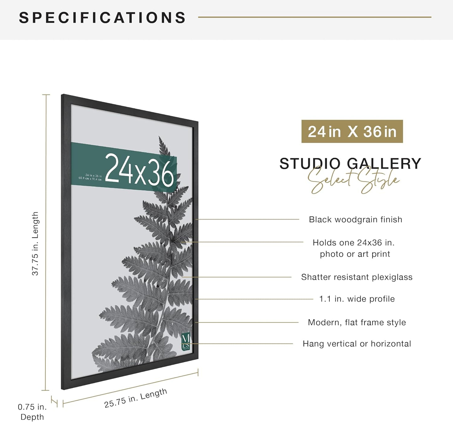 MCS Studio Gallery 16x24 Poster Frame Black Woodgrain Engineered Wood, Vertical & Horizontal Wall Hanging Large Picture Frame for Photos, Posters & Art Prints (1-Pack)