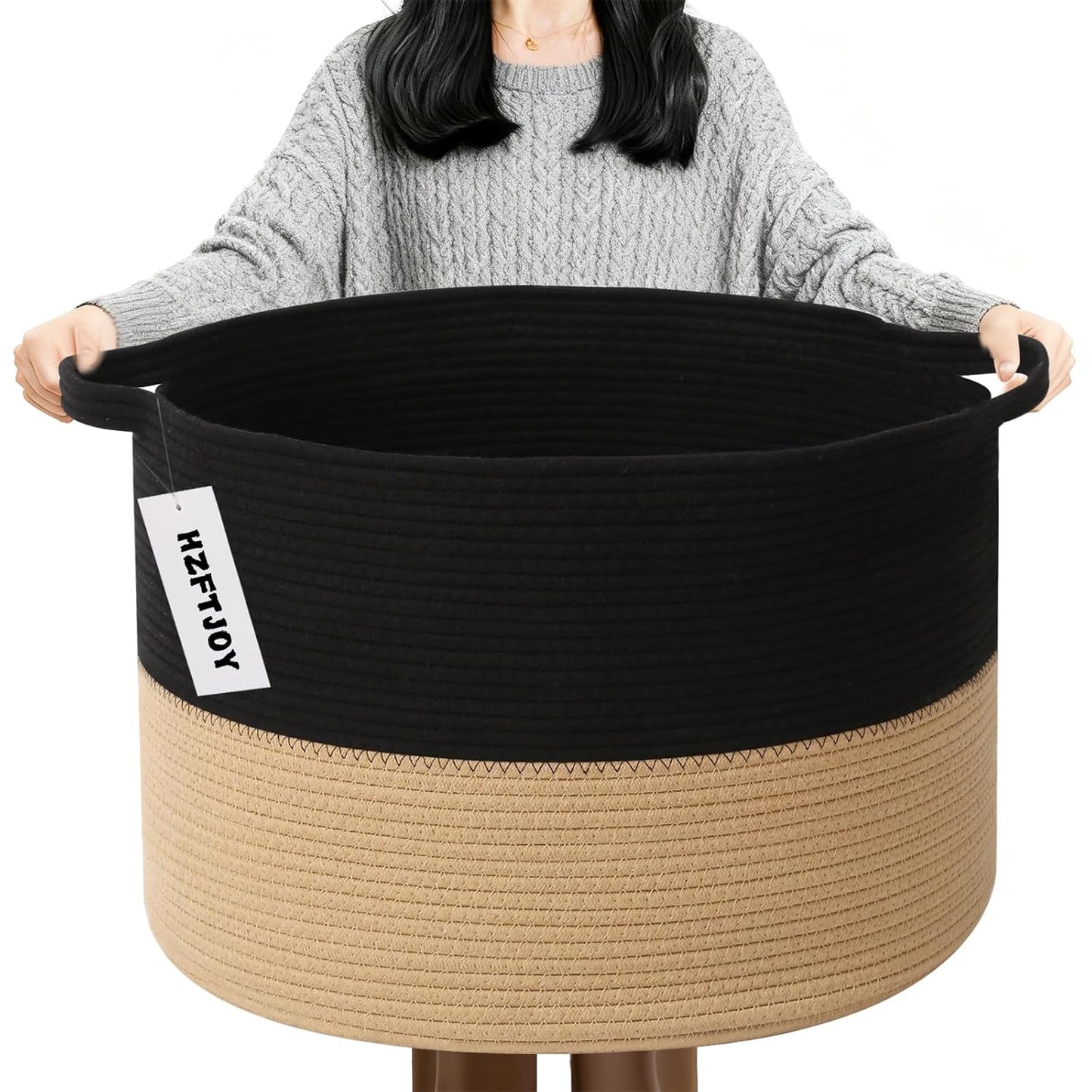 Large Woven Blanket Basket,65L Cotton Rope Laundry Basket Hamper with Handles, Decorative Nursery Basket Storage Bin for Toys, Clothes Organizer, Living Room, Bedroom, Bathroom, White & Brown