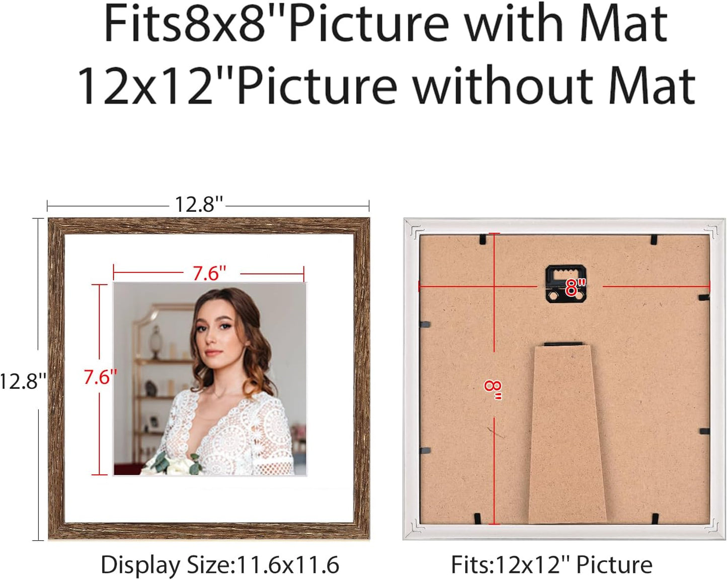 12x12 Picture Frame Set of 9, Display Pictures 8x8 with Mat or 12x12 without Mat, Multi Collage Gallery Square Photo Frames for Wall or Tabletop, Black