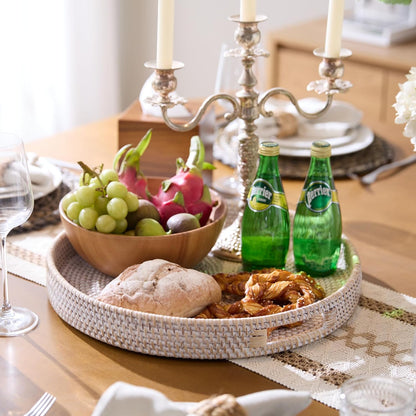 13.8 inch Round Rattan Tray, Decorative Coffee Table Tray, Ottoman Tray, Woven Serving Tray with Handles, Wicker Serving Basket, Whitewash