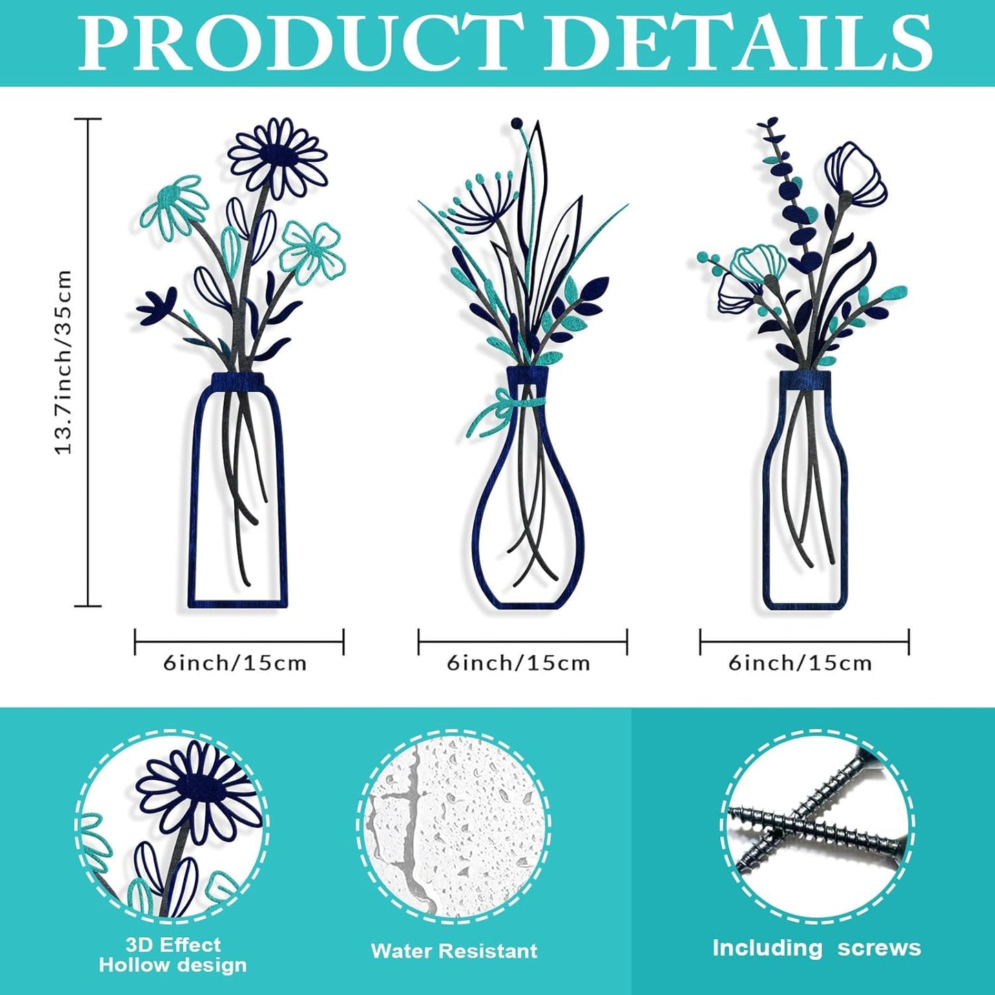 Pigort 3 Pieces Metal Flowers Wall Art- Rustic Farmhouse Decor Minimalist Decor for Living Room Bathroom Bedroom Dining Room, Housewarming Gifts Christmas Decoration(Beige, Vase-C)