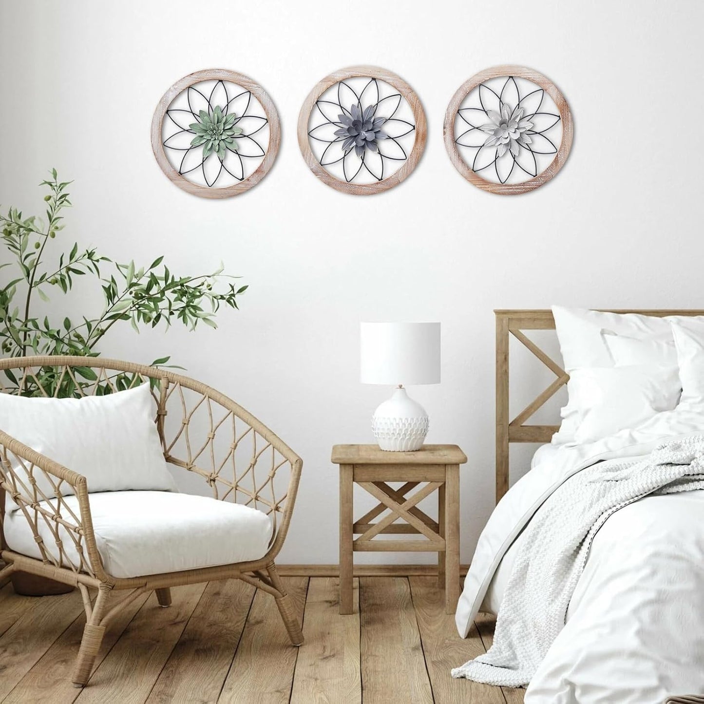 Paquesta 3 Piece Round Farmhouse Wall Decor with 6 Piece Interchangeable Flowers 12'' Medallion Wood & Metal Rustic Wall Art for Living Room Bedroom Kitchen Bathroom Dining Room Home Decorations
