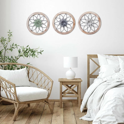 Paquesta 3 Piece Round Farmhouse Wall Decor with 6 Piece Interchangeable Flowers 12'' Medallion Wood & Metal Rustic Wall Art for Living Room Bedroom Kitchen Bathroom Dining Room Home Decorations