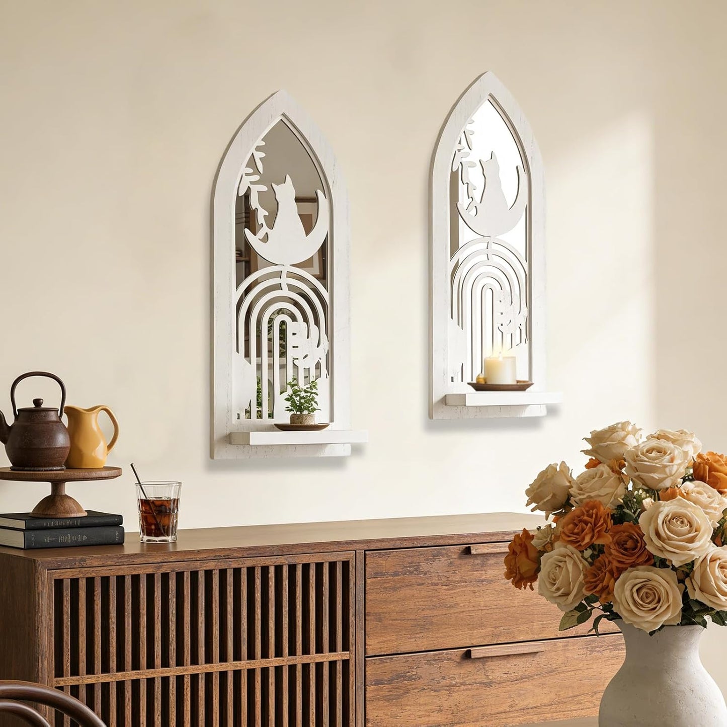 Wood Wall Sconce Candle Holder Set 2, Rustic Wall-Mount Candle Holders, Farmhouse Hanging Wall Décor, Carved Wood Frame, Mirrored Candle Holder (Distressed White)