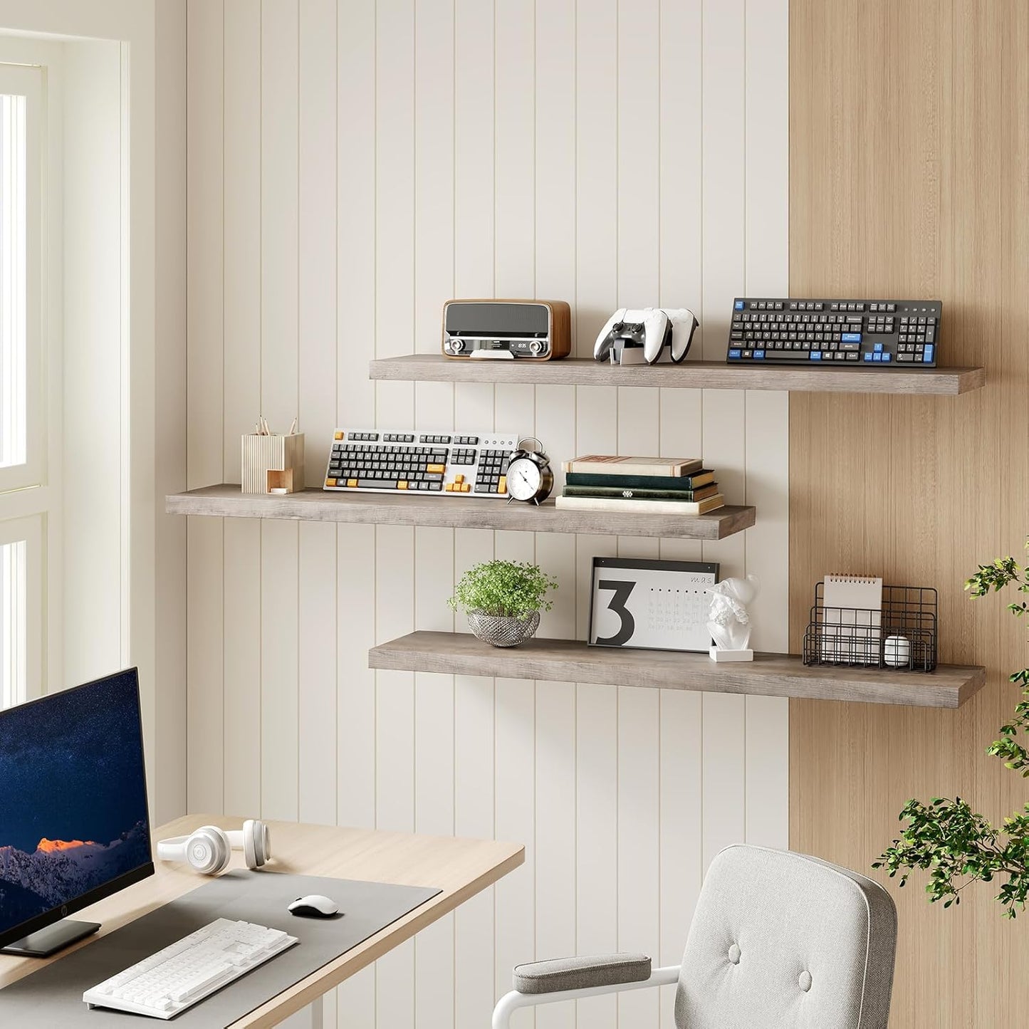 RALGEND Floating Shelves for Wall, 1.5" Thick Wall Shelf Set of 3 with Invisible Brackets, L31.5 x W7.9 Hanging Shelves Farmhouse Home Decor for Bathroom, Living Room, Bedroom, Rustic Brown 8301BJP3BF
