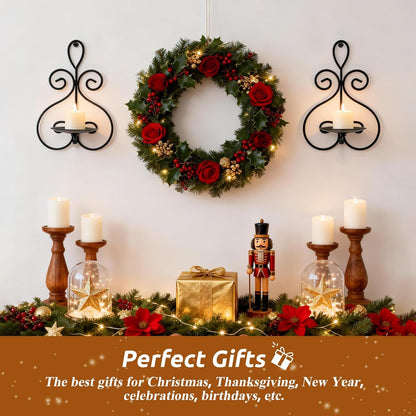 Wall Candle Sconces Set of 2, Double Scroll Pattern Candle Sconces, Metal Wall Candle Holder for Home Decor, Living Room, Dining Room, Bedroom, Black, Gifts for Men Women Mom or Dad