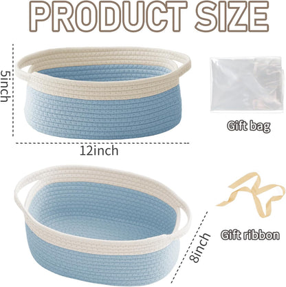 JMvicyroam Woven Basket,Small Rope Storage Bin with Handles & Ribbon Bag, Organizer for Shelves Closets,Gift Basket Empty for Birthday,Books,Dog Toys,White