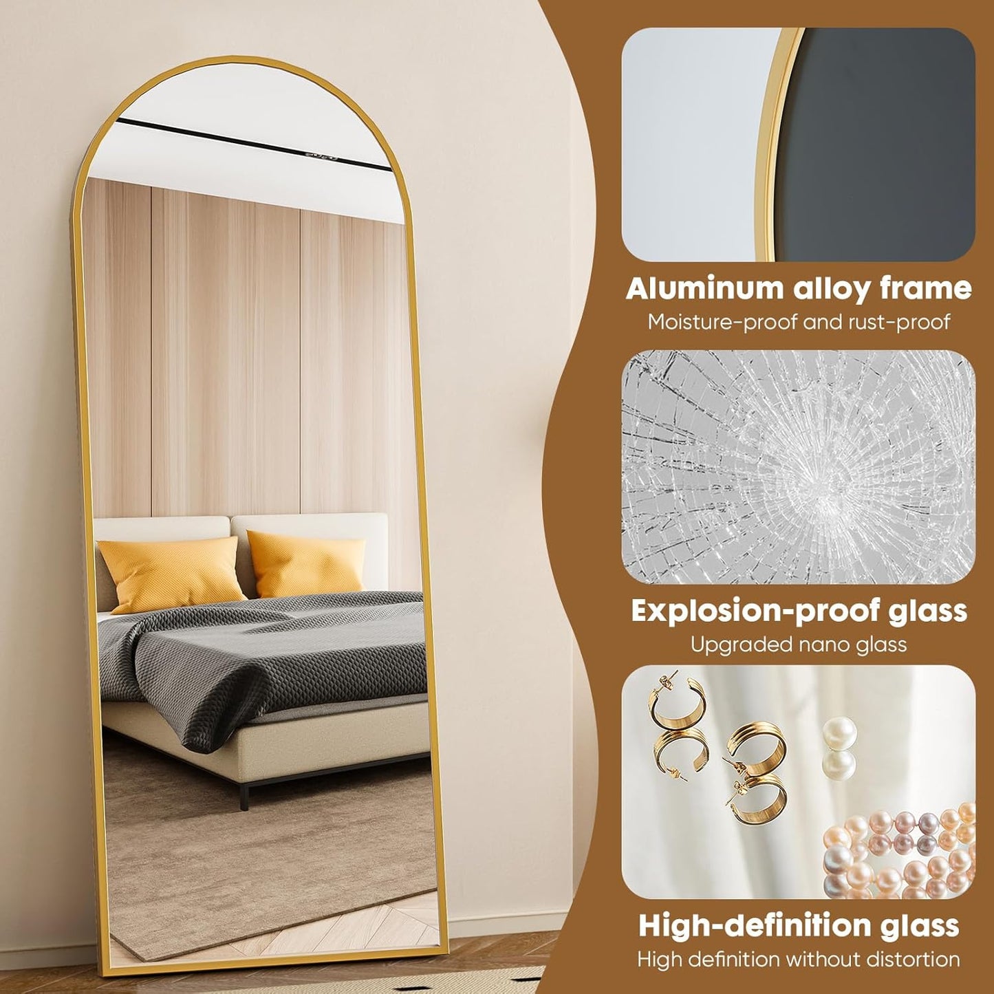 DUMOS Arched Full Length Mirror with Stand 64"x21" Floor Standing Aluminum Frame for Bedroom Body Hanging Leaning Modern Simple Home Decor Shatter-proorf Nano Glass Wall Living Room Cloakroom Black