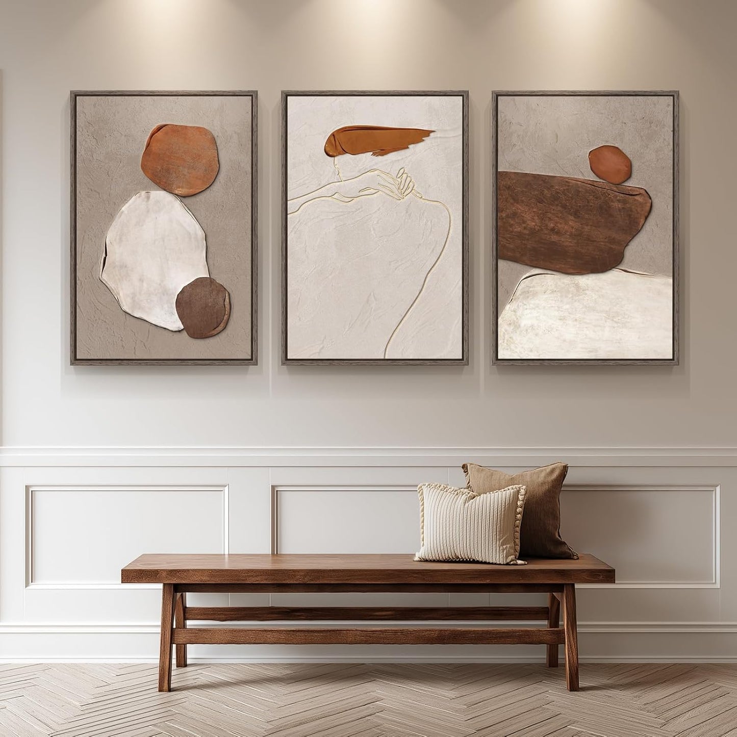 Large Framed Neutral Abstract Wall Art for Living Room, 3 Piece Modern Canvas Prints Paintings Artwork for Walls, Black and Beige Pictures for Living Room Hallway Stair Office Wall Decor 24x36 Inch