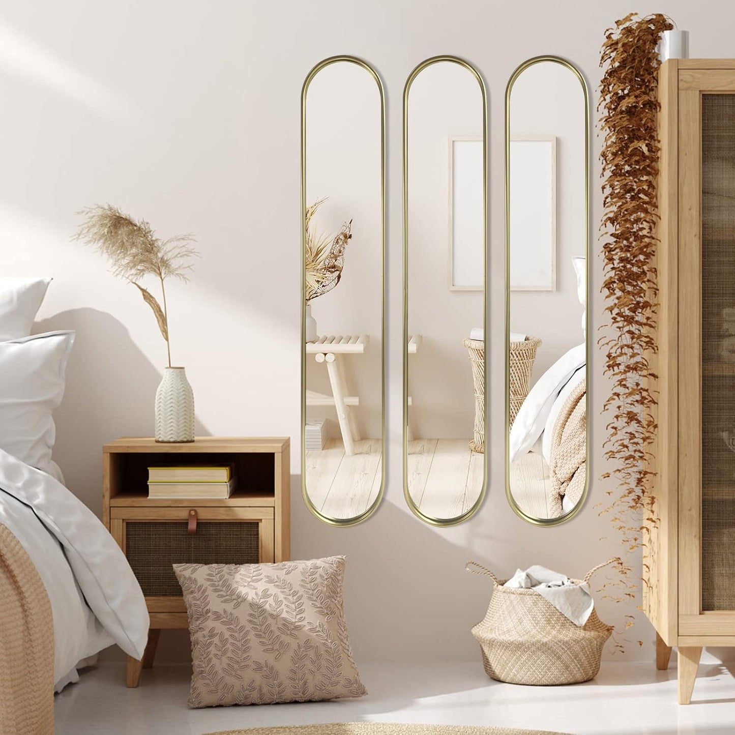 OUSHUAI Gold Tall Mirror,Narrow Capsule Long Mirrors with Metal Frame for Entryway,Hallway,Living Room 44"X8" (3pcs)