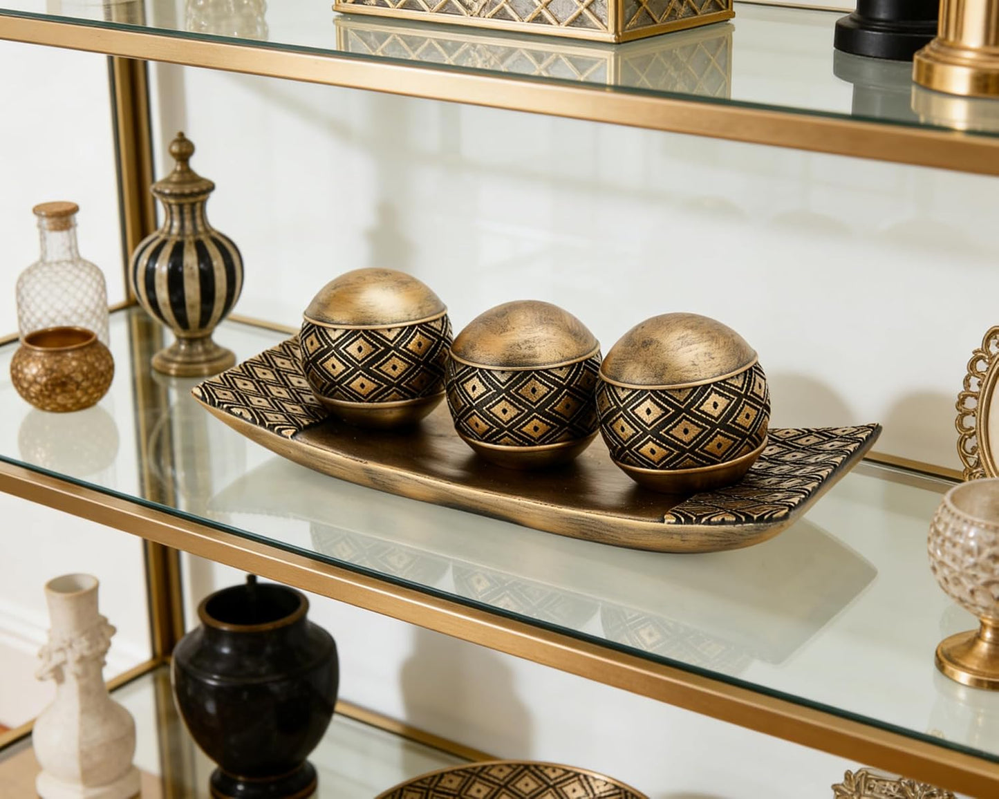 Gold Decorative Orbs with Tray Set, 3Pcs Resin Decorative Balls with Tray, Modern Accent Sphere for Coffee Table, Dining Table, Living Room, Entryway