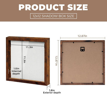 Muzilife 8x8 Shadow Box Picture Frame with Linen Board - Deep Wood & Glass Display Case Ready to Hang Memory Box Baby Sports Memorabilia, Pins, Awards, Medals, Wedding, Tickets and Photos (Black)