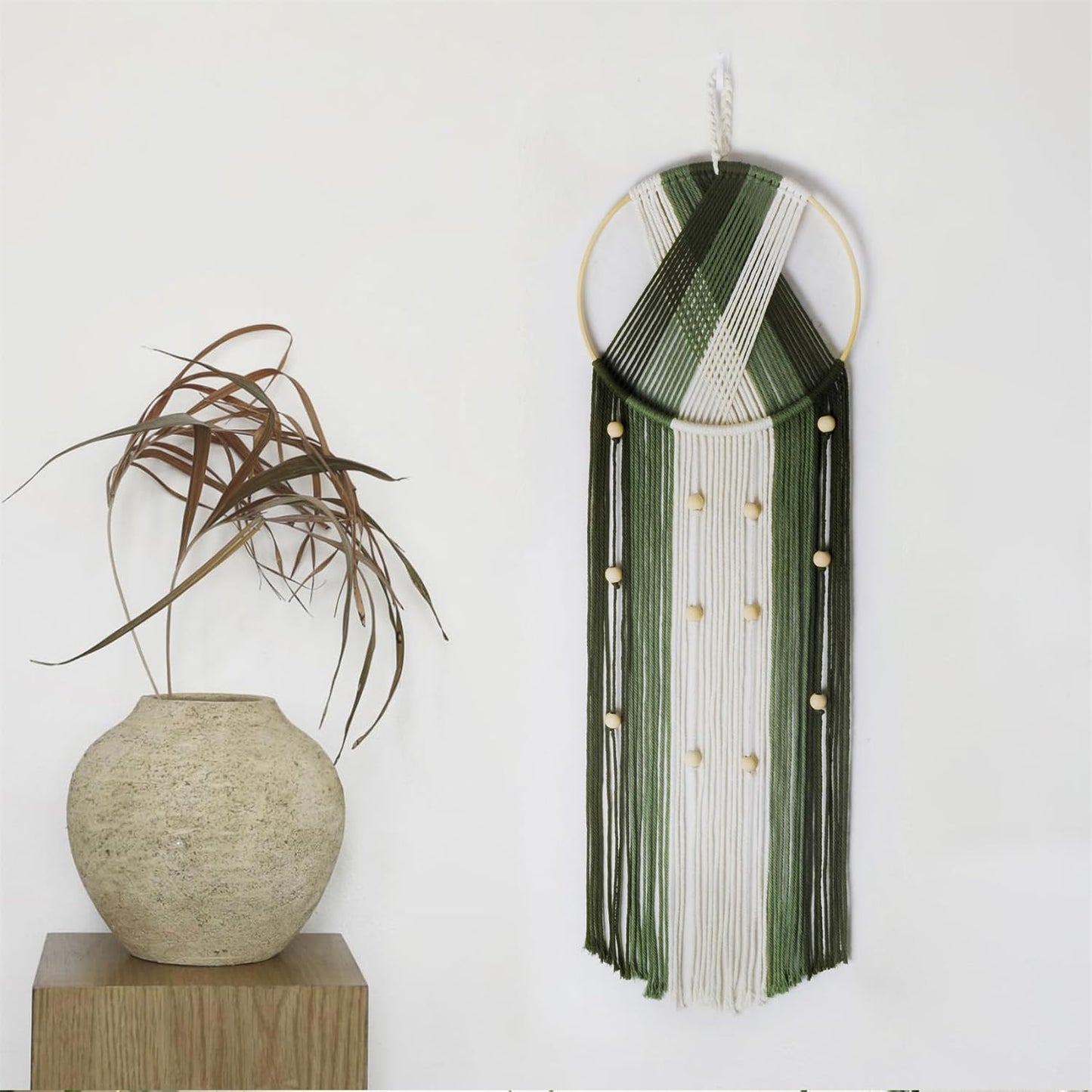 LB Boho Macrame Wall Hanging - Green and Beige Handmade Cotton Woven Decor, Modern Geometric Bohemian Tapestry Wall Decor for Bedroom Living Room Home (31.5"x9.84") Nature-Inspired Room Decor