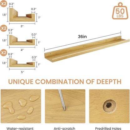 Acovy Picture Ledge Shelf Set of 6, 48 inch Long Large Floating Shelves for Wall with Lip, Wall Mounted Shelves for Living Room, Bedroom, Bathroom, Kitchen, Nursery,Oak