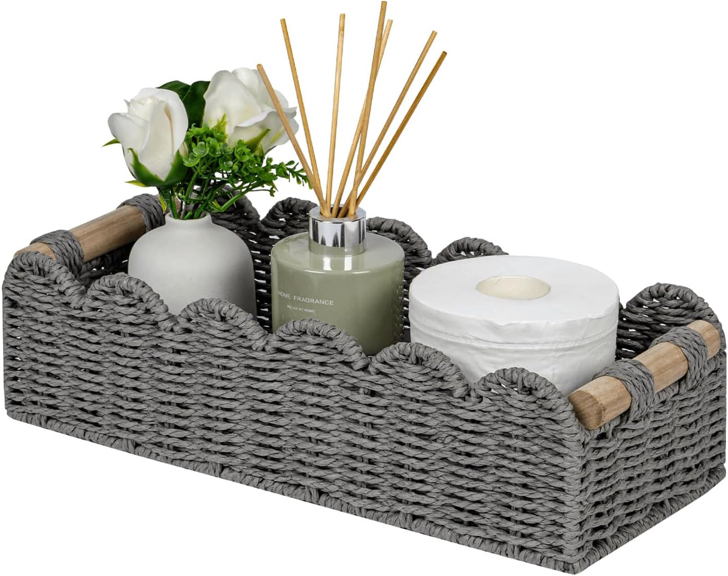 CubesLand Paper Rope Scalloped Edge Toilet Paper Storage Basket, Small Living Room, Bedroom Decor Baskets for Over Toilet Storage Shelf, End Table, Shelves and More, with 2 Wooden Handle, Neutral