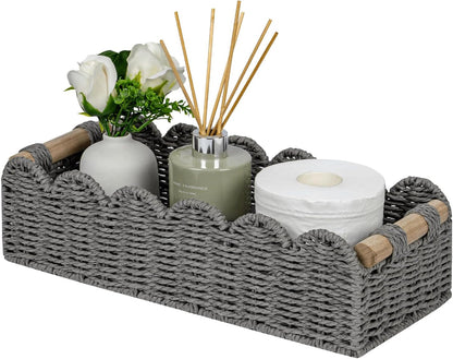 CubesLand Paper Rope Scalloped Edge Toilet Paper Storage Basket, Small Living Room, Bedroom Decor Baskets for Over Toilet Storage Shelf, End Table, Shelves and More, with 2 Wooden Handle, Neutral