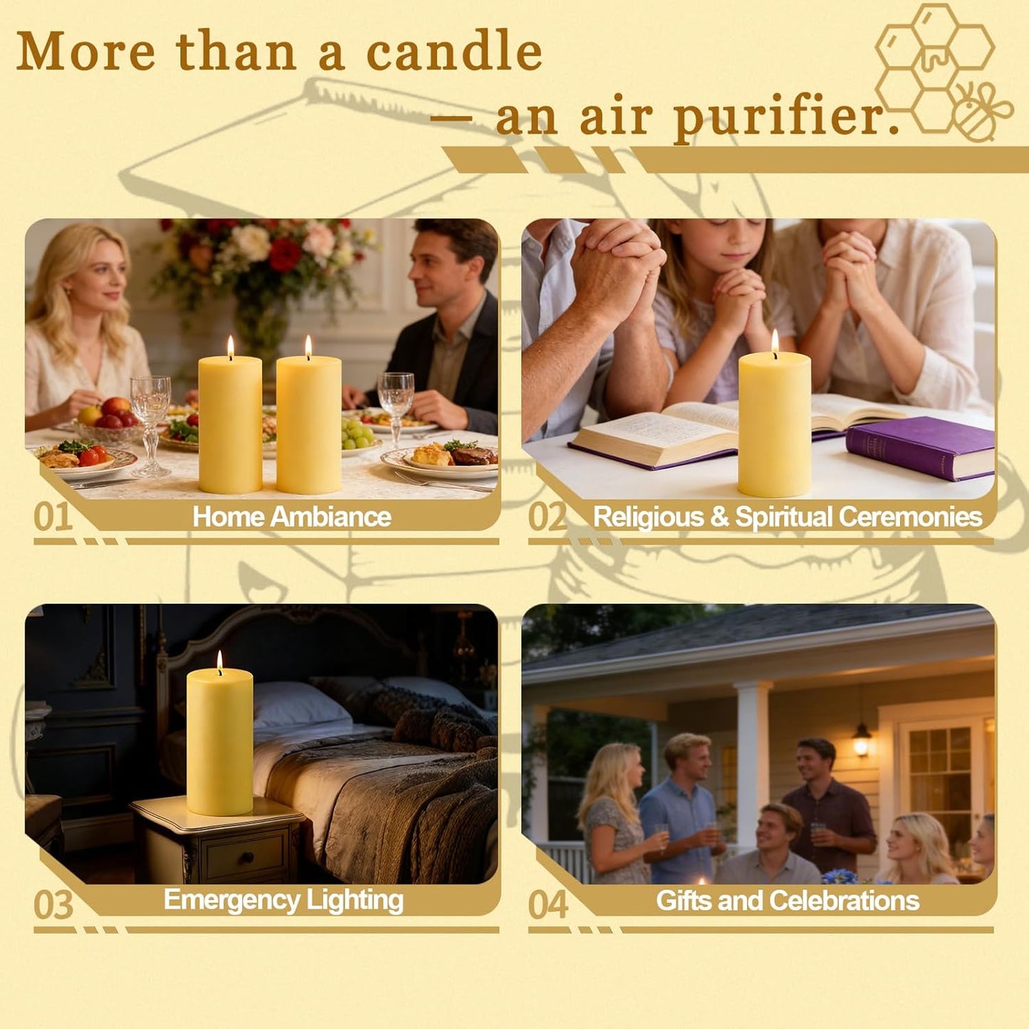 Natural Beeswax Candles 4 Packs, Beeswax Pillar Candles with 140 Hours Burn Time, Organic Emergency Candle Long Burning for Home Room, Smokeless & Dripless, 2x4 inch