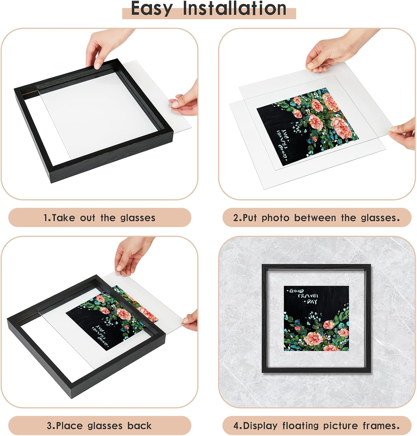 MUYE 11x14 Floating Frame Set of 2,Double Glass Rustic Frame,Display Any Size Photo up to 11x14,Wall Mount or Tabletop Standing,Natural
