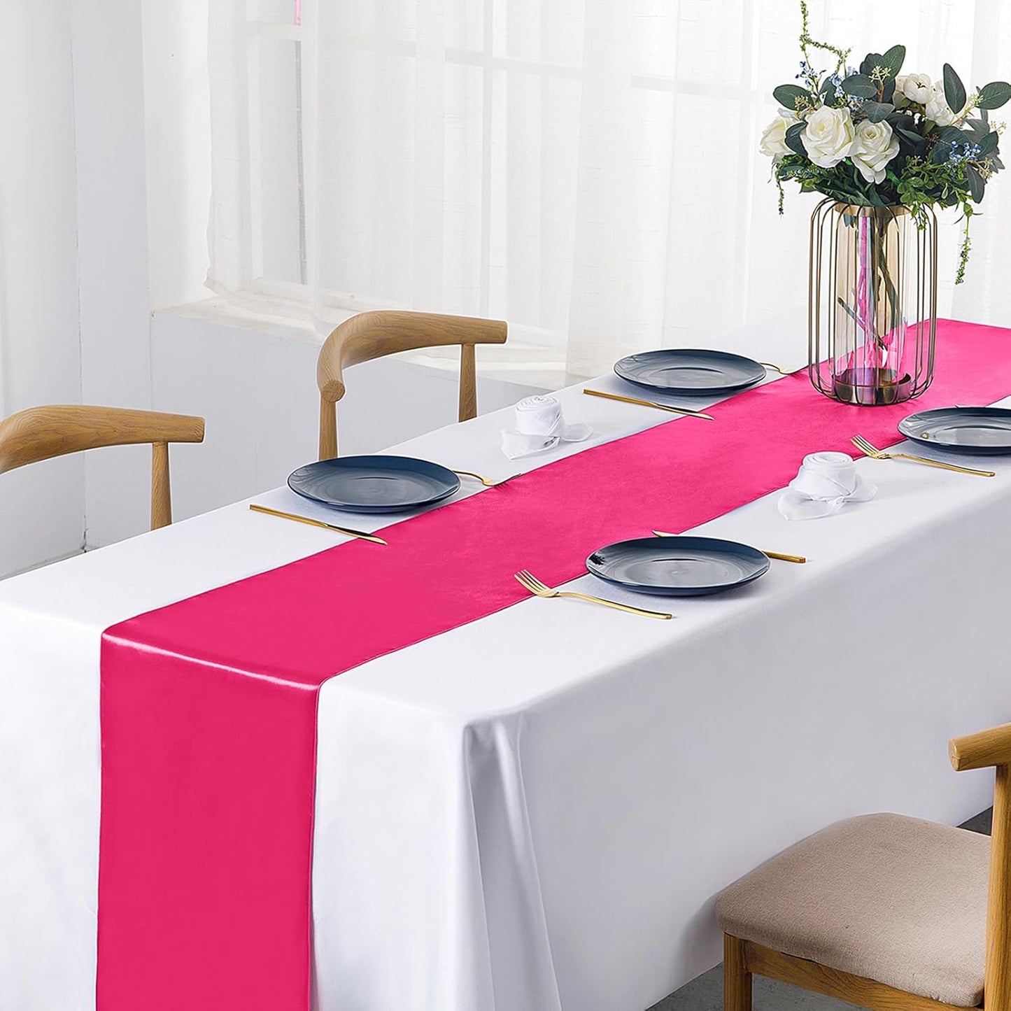 SiinvdaBZX 4 Pcs Royal Blue Satin Table Runner 12 x 108 inches Long, Bright Smooth Satin Wedding Table Runner Decorations for Birthday Parties, Buffet, Banquets, Graduations, Engagements