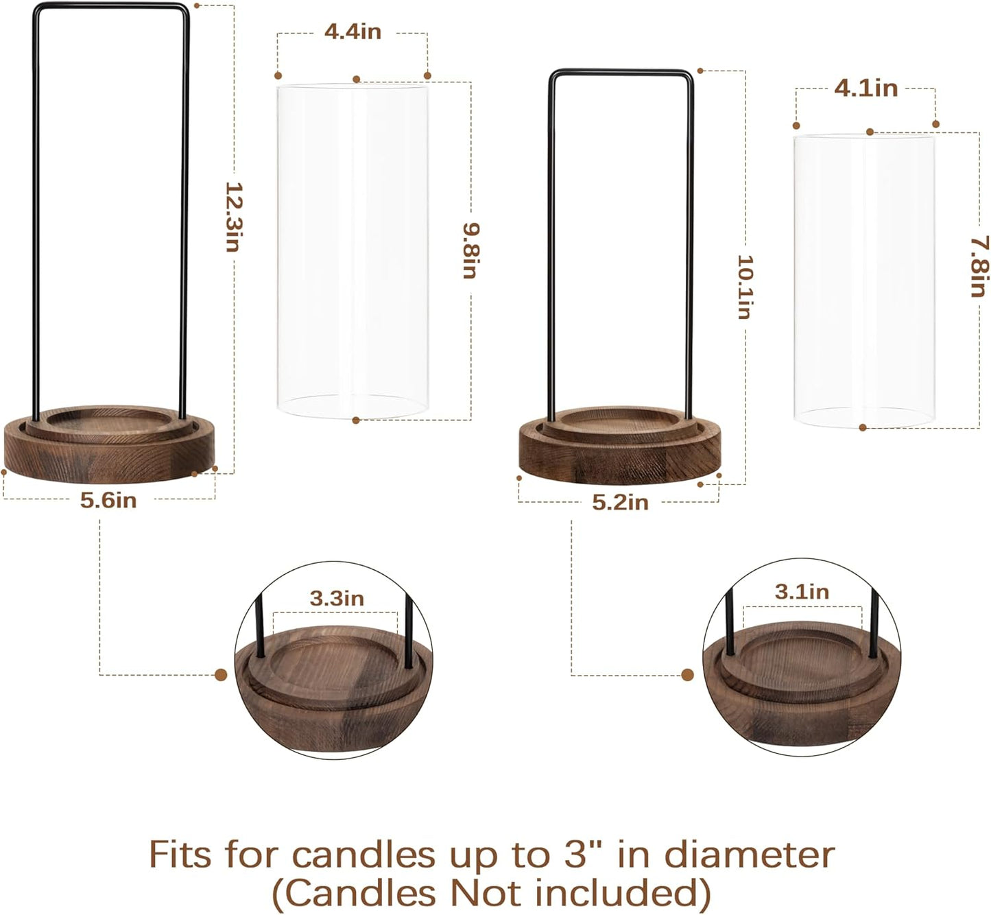 Houmury Set of 2 Hurricane Candle Holders Lantern 12” & 10”with Wood Base Metal Handle Glass Cylinder Modern Farmhouse Decor for Home Decoration, Table Centerpieces (Warm Amber Brown)