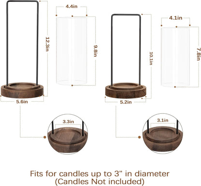Houmury Set of 2 Hurricane Candle Holders Lantern 12” & 10”with Wood Base Metal Handle Glass Cylinder Modern Farmhouse Decor for Home Decoration, Table Centerpieces (Warm Amber Brown)