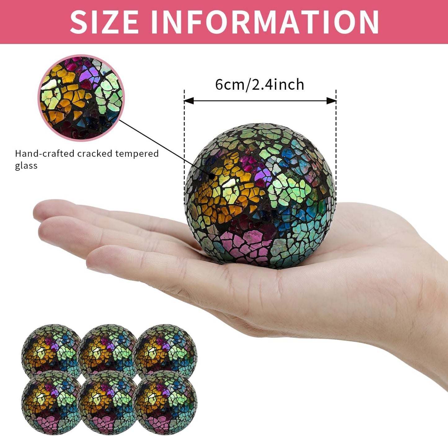 Kesywale 6PCS Decorative Balls Set 2.4 Inches/ 6cm Small Mosaic Spheres Glass Orbs Decorative Balls for Centerpiece Bowls Vases Fillers Dining Coffee Table Wedding Party Decor (Black)