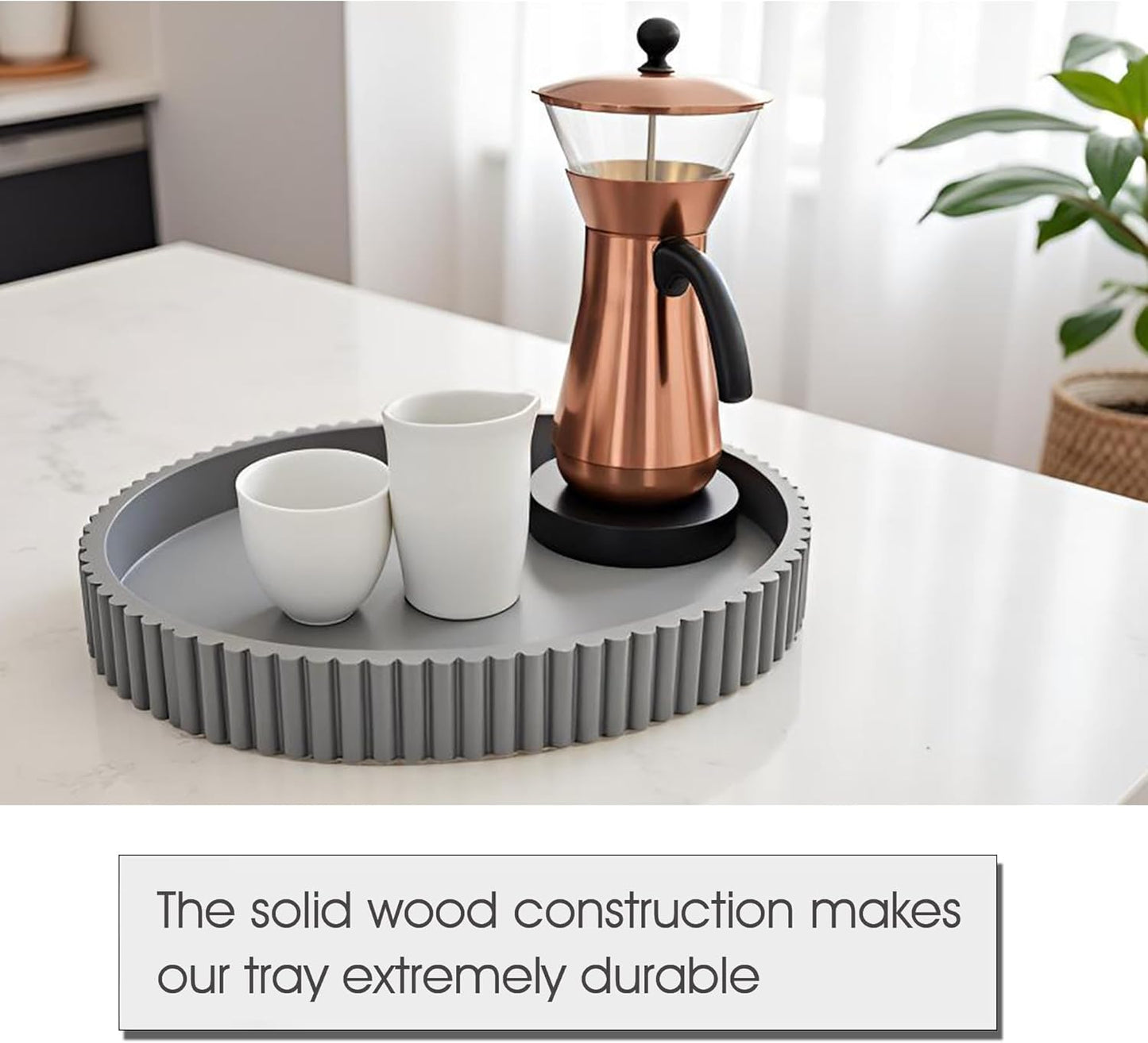 Modern Table Round Decorative Trays 2pcs Home Decor - Circle Coffee Table Centerpiece Set 12"/10" - Wooden Cool Grey Ottoman Tray with Fluted Edge