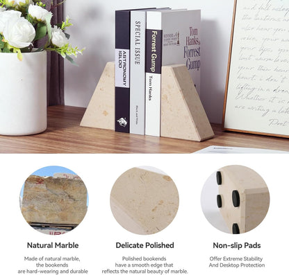 Karibiber Travertine Bookends for Heavy Books, Marble Decorative Bookends for Shelves, Heavy-Duty Stone Book Ends for Hardback Book & Cookbooks, Unique Book Stopper & Holder, Travertino Italy